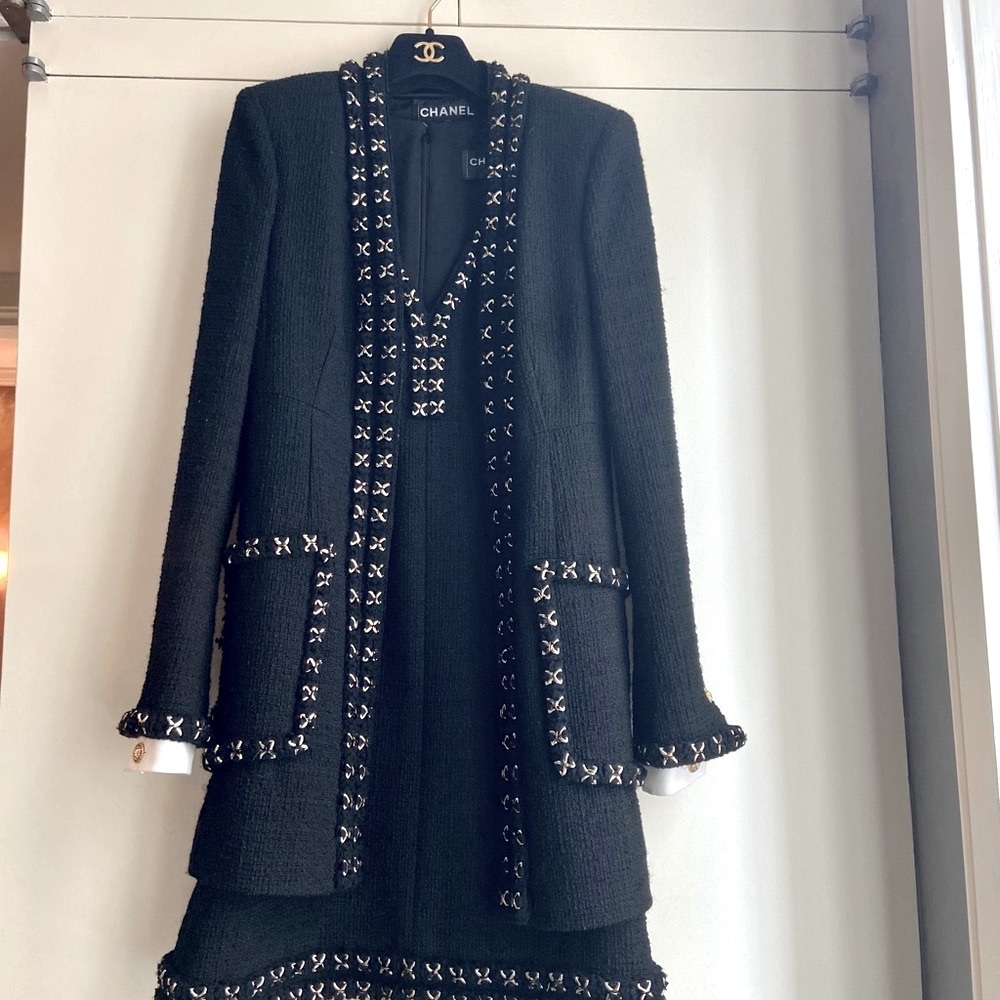 Chanel Black Blazer and Dress Set with Metallic Embellishments - Picture 1 of 16